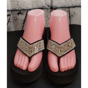 Kelly & Katie Womens Black Gold Flip Flops Rhinestones Size 6M